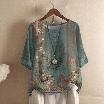 Floral Print Half‑Sleeve Crew Neck Blouse