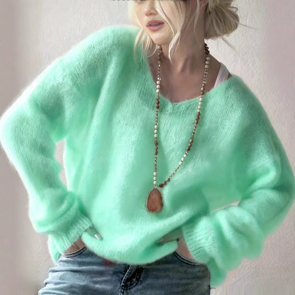 Oversized V‑Neck Drop Shoulder Fuzzy Knit Long Sleeve Loose Fit Pullover Sweater