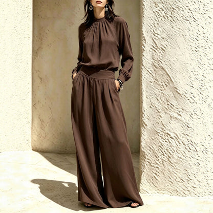 Women's Gathered High‑Neck Blouse & Pleated Wide‑Leg Pants Two‑Piece Set