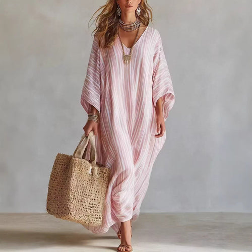Women's Light Striped Linen-Blend Kaftan Maxi Dress - Oversized V-Neck Beach Cover-Up