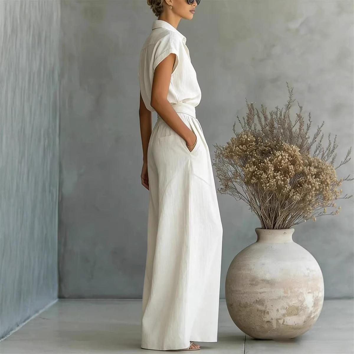 Spring And Summer Fashion Casual Solid Color Shirt Wide-Leg Pants Two-Piece Set