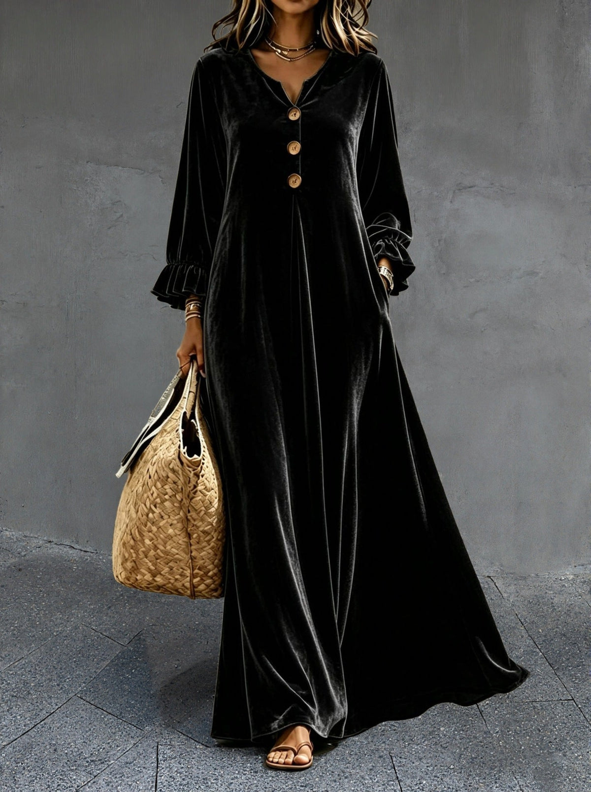 Women's V‑Neck Velvet Ruffle Cuff Maxi Dress