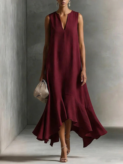 Sleeveless V-Neck Linen Midi Dress with Ruffled Hem