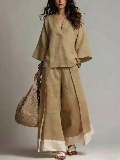 French V-Neck Three-Quarter Sleeve Shirt + Contrasting Color Wide-Leg Pants Suit For Women