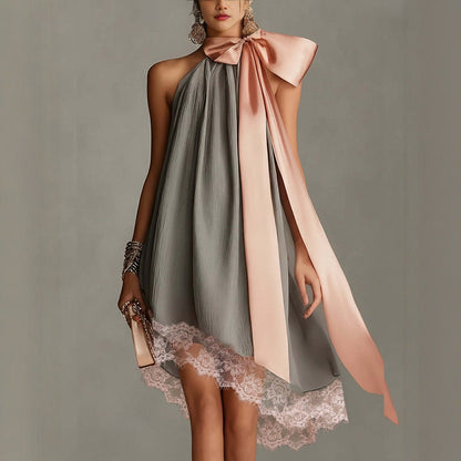 Grey Crinkle Halter Satin Big Bow Lace Hem Mini Dress