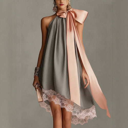 Grey Crinkle Halter Satin Big Bow Lace Hem Mini Dress