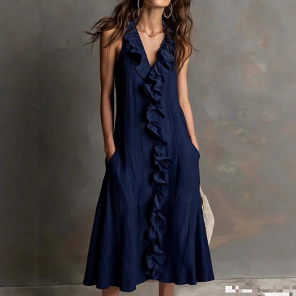 🌿 Ruffle V-Neck Sleeveless Midi Dress