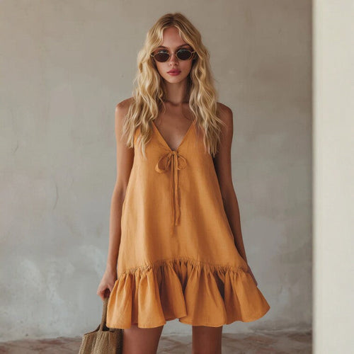 Mustard Tie Front Spaghetti Strap Linen Mini Dress