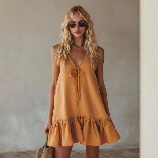 Mustard Tie Front Spaghetti Strap Linen Mini Dress