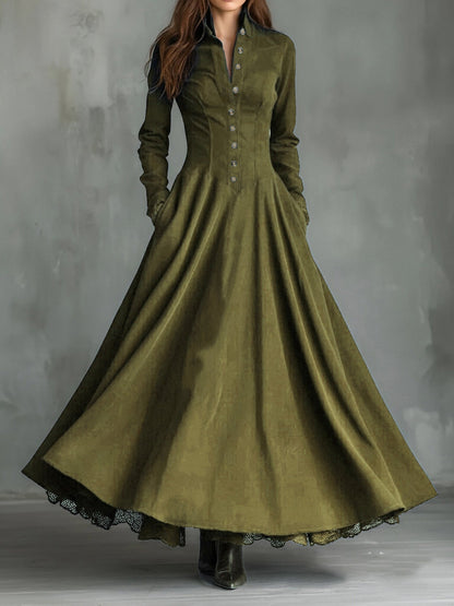 Women's Vintage Stand‑Collar Button‑Front Maxi Dress