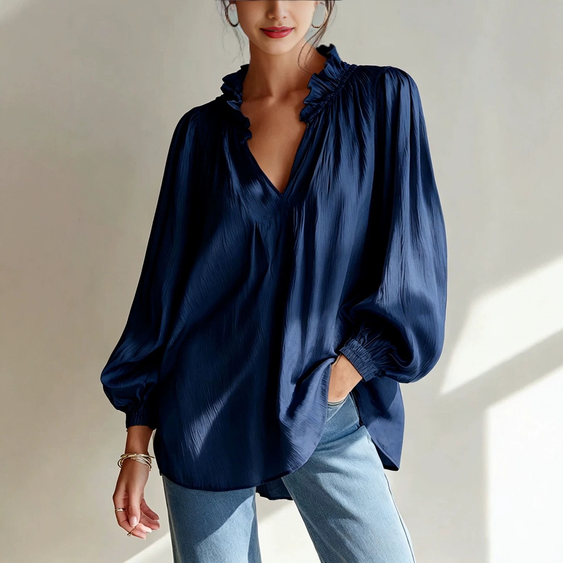 Ruffle V-Neck Crinkled Texture Balloon Sleeve Blouse