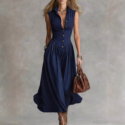 French Elegant Goddess Style Slim Fit Lapel Long Sleeveless Dress For Women