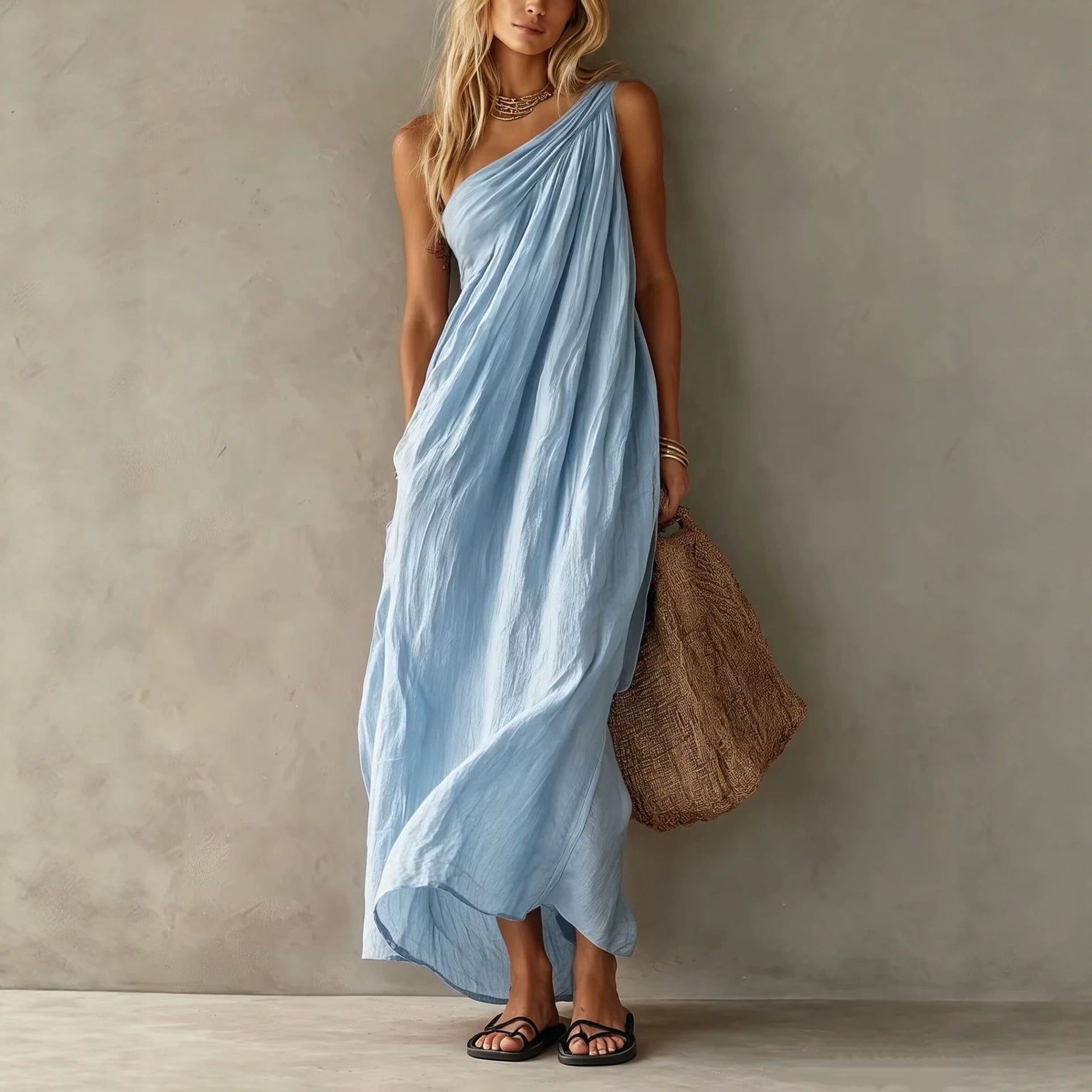 Dusty Pink One Shoulder Ruched Linen Maxi Dress