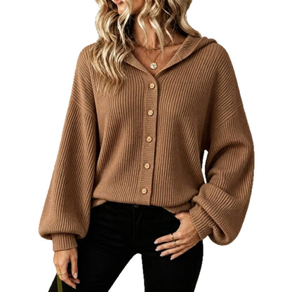 Vertical Rib Knit Hooded Button Down Balloon Sleeve Cardigan