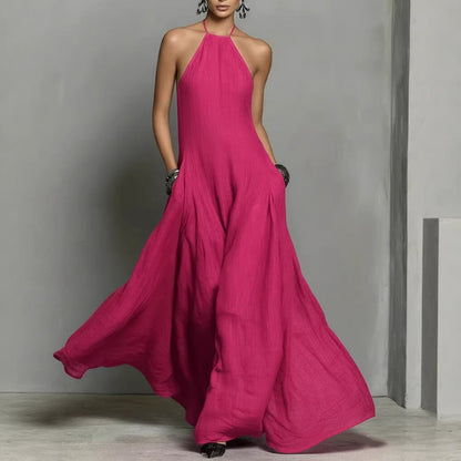 Cotton And Linen Blend Simple Backless Sleeveless Long Dress
