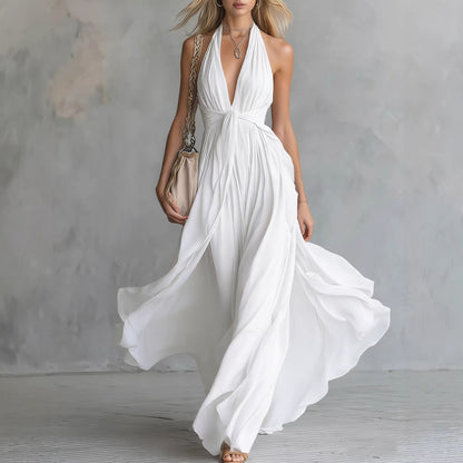 Women'S Sexy Solid Color V-Neck Sleeveless Waist Dress