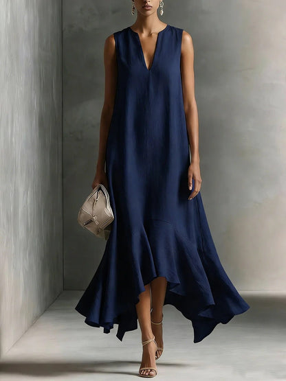 Sleeveless V-Neck Linen Midi Dress with Ruffled Hem