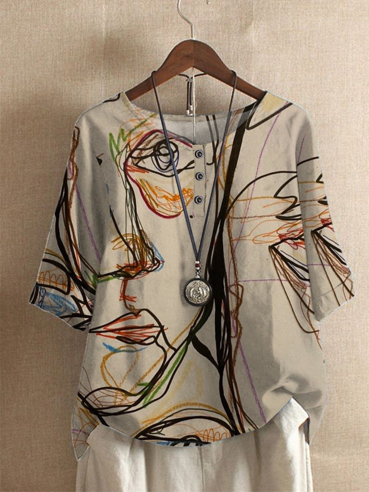 Floral Print Half‑Sleeve Crew Neck Blouse