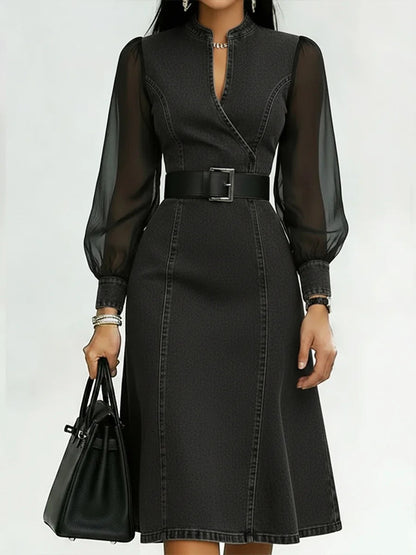 Belted Wrap V Neck Flared Hem Business Casual Dress
