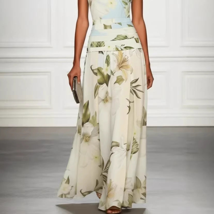 Vintage Lily Floral Color Block Maxi Gown