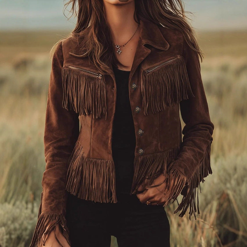 Solid Color Lapel Short Tassel Suede Jacket