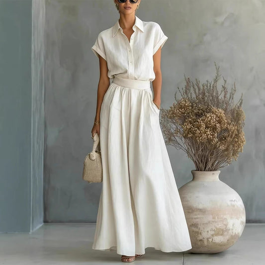 Spring And Summer Fashion Casual Solid Color Shirt Wide-Leg Pants Two-Piece Set