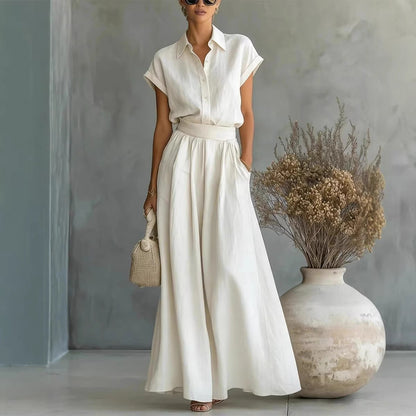 Cap Sleeve Collared Shirt & High Waist Wide Leg Pants Two Piece Set