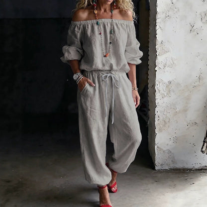 Sage Linen Off Shoulder Drawstring Waist Jogger Jumpsuit