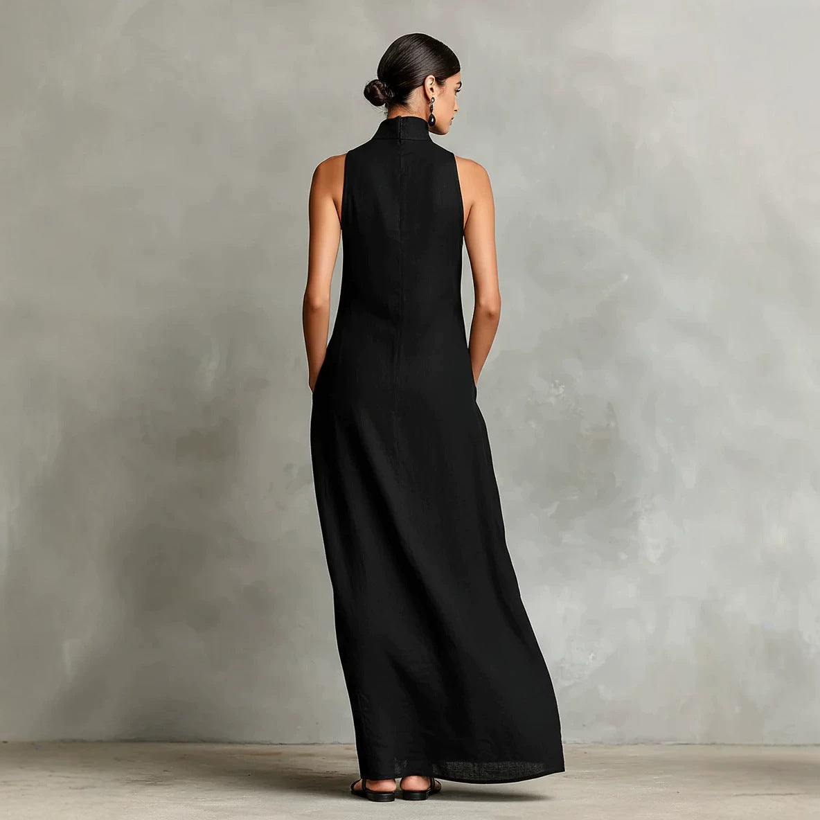 Sleeveless High Neck Linen Maxi Shift Dress