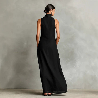 Sleeveless High Neck Linen Maxi Shift Dress