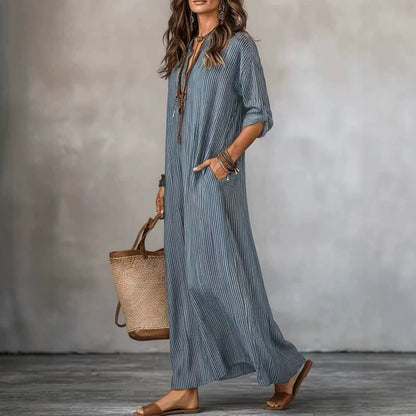 Textured Crinkled V Neck Half Sleeve Loose Maxi Dress