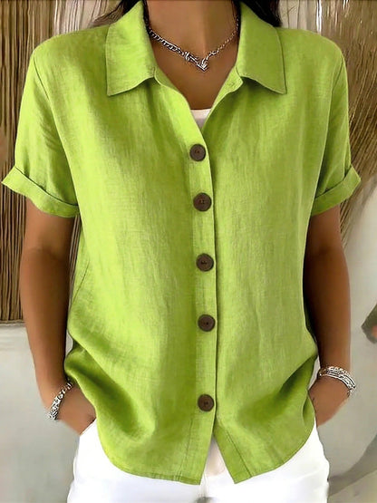 Women's Turn-Down Collar Short Sleeve Linen Shirt