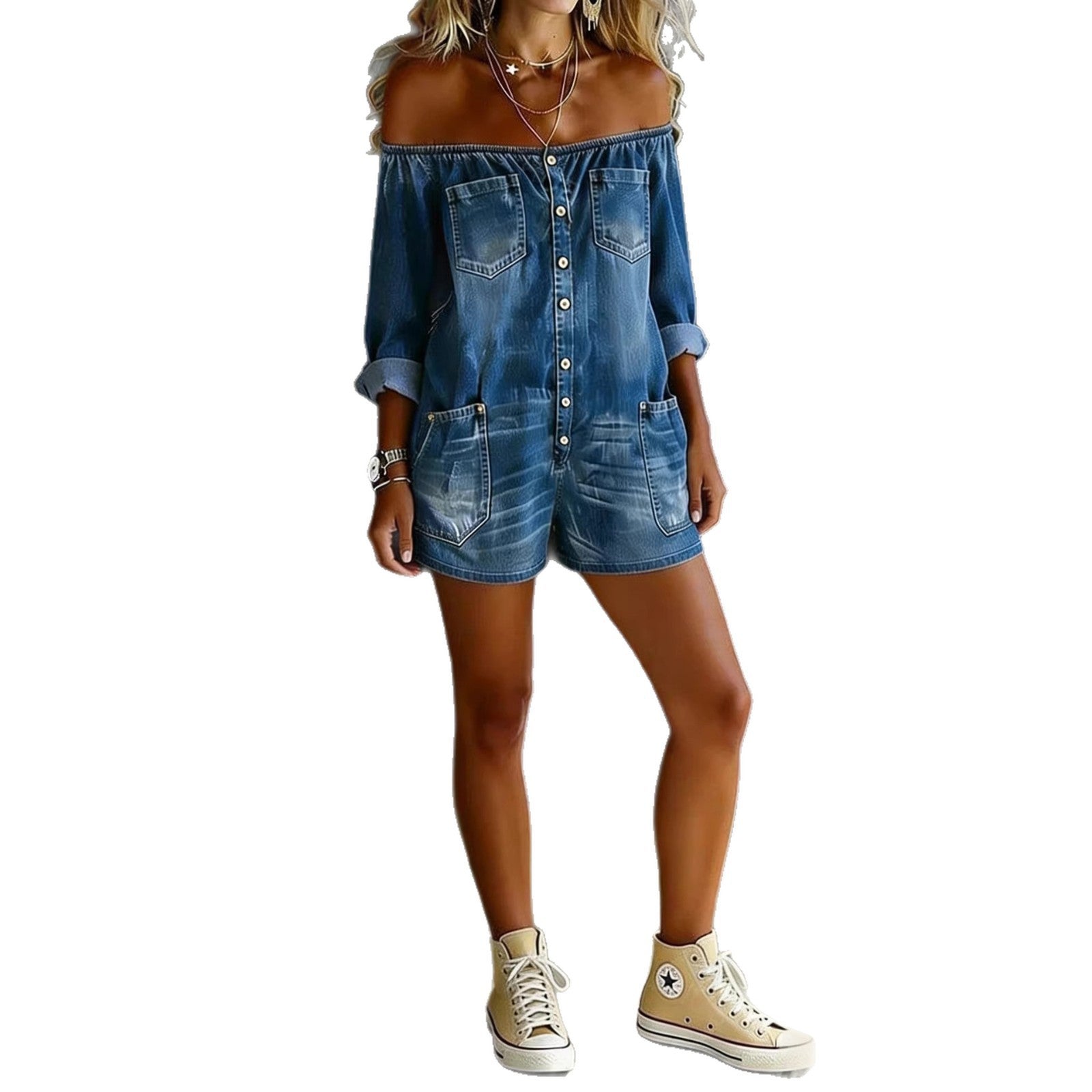 Effortlessly Cool Off-Shoulder Denim Romper