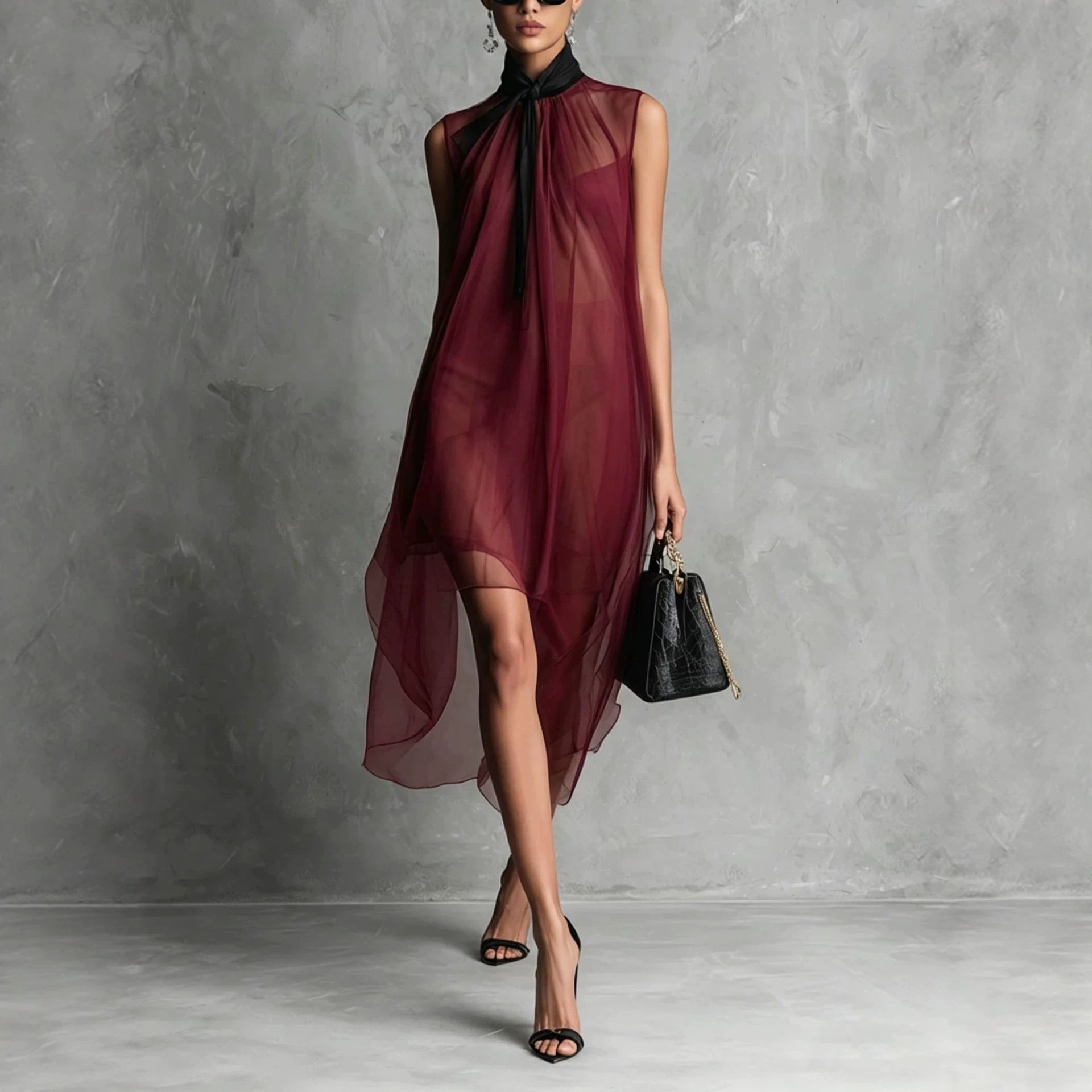 Sheer Mesh Sleeveless Tie Neck Asymmetrical Midi Dress