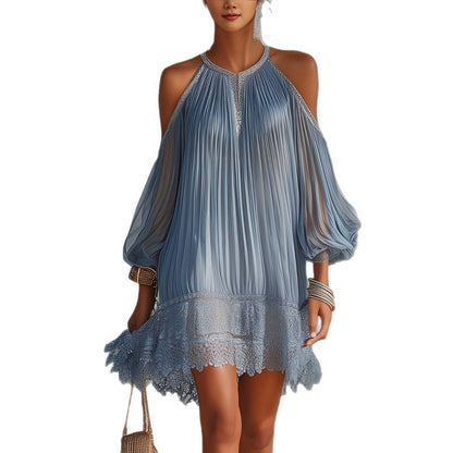 Dusty Blue Pleated Cold Shoulder Mini Dress