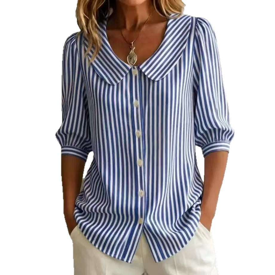 Striped Peter Pan Collar Puff Short Sleeve Blouse