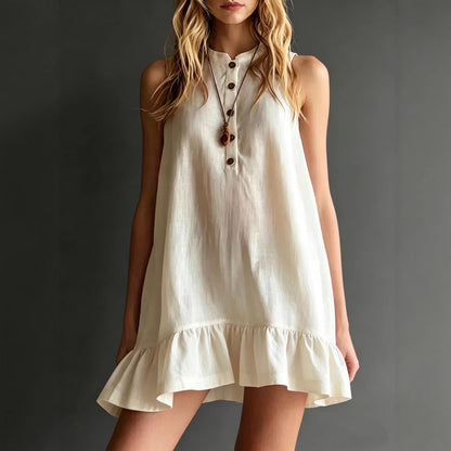 Effortless Sleeveless Ruffle Hem Shift Dress – Relaxed Linen Blend Style