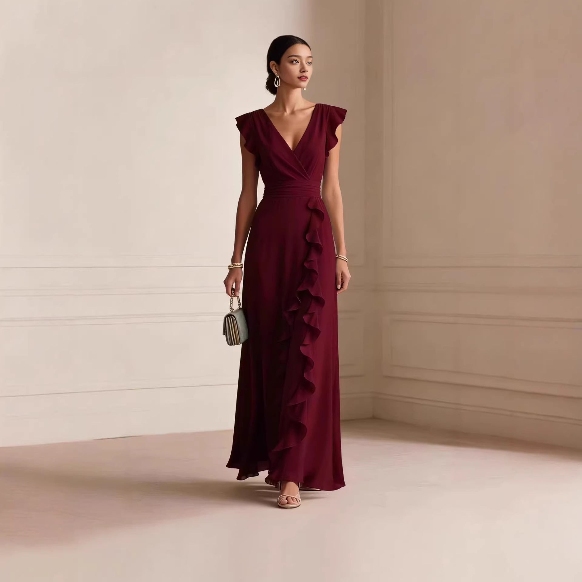 Flutter Sleeve Ruffle Maxi Dress