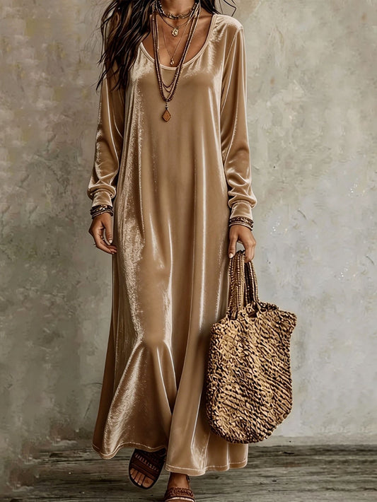 Women's Velvet U‑Neck Long Sleeve Maxi Dress