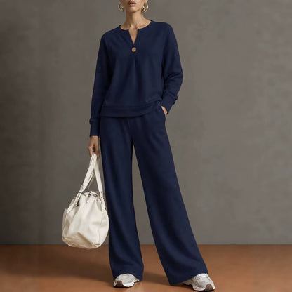 Women's Notch‑Neck Button Long‑Sleeve Top & Wide‑Leg Pants Two‑Piece Loungewear Set