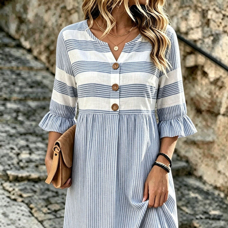 Women's Striped Notch Neck Button Front Midi Dress