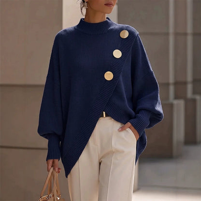 Mock Neck Oversized Batwing Sleeve Asymmetric Hem Knit Sweater With Decorative Gold Buttons