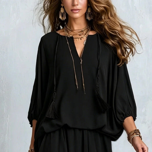 Women's Tassel‑Detail Blouse & Ruffle Maxi Skirt Boho Two‑Piece Set