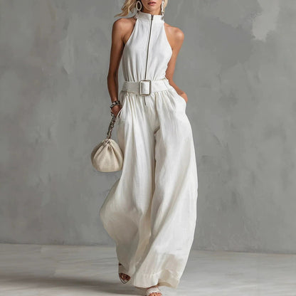 Women's White Linen-Blend Halter Wide-Leg Jumpsuit with Belt