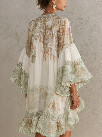 Boho Printed Ruffled Flare Sleeve Stretchy Polyester Womens Mini Dress