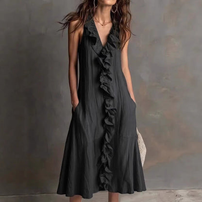 🌿 Ruffle V-Neck Sleeveless Midi Dress