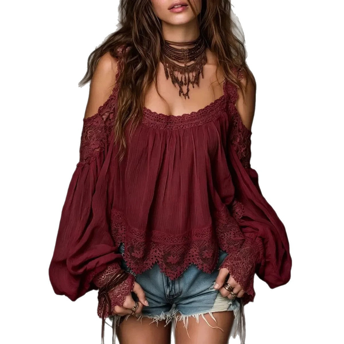 Burgundy Boho Cold-Shoulder Lace Blouse