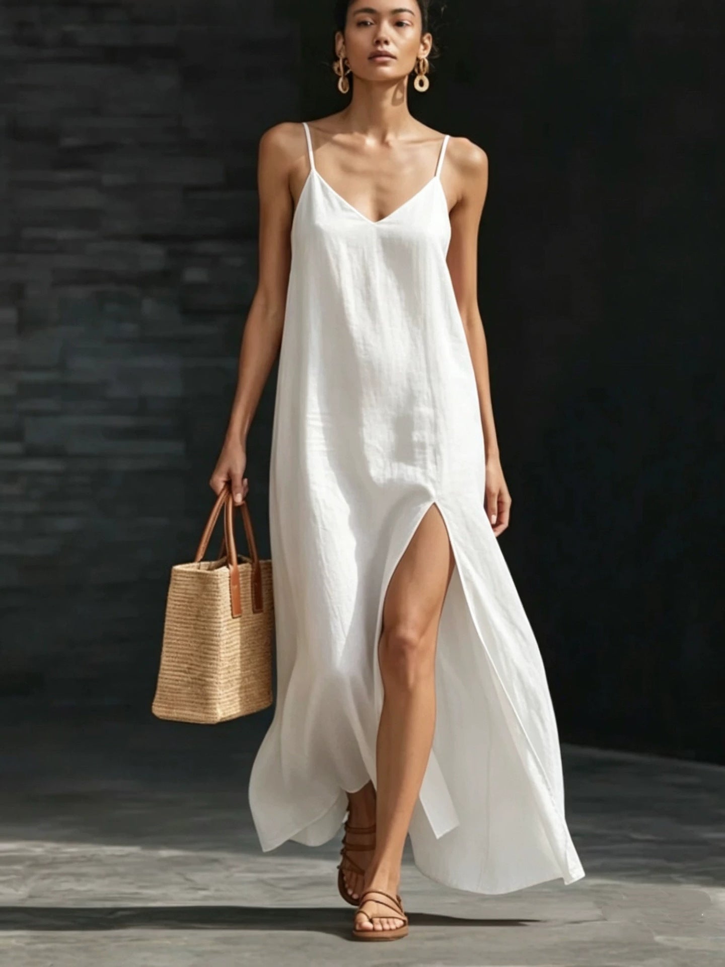 Spaghetti Strap V-Neck High Side Slit Loose Shift Vacation Dress