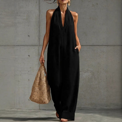 Linen Halter Deep V Wide Leg Cuffed Jumpsuit