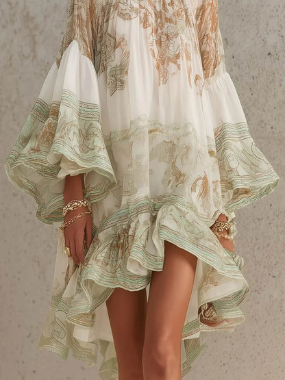 Boho Printed Ruffled Flare Sleeve Stretchy Polyester Womens Mini Dress
